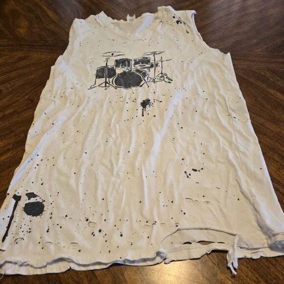 Custom Highly Distressed DIY/BOHO Drumset Punk Rock Cutoff Shirt Size M Cotton - Picture 2 of 9